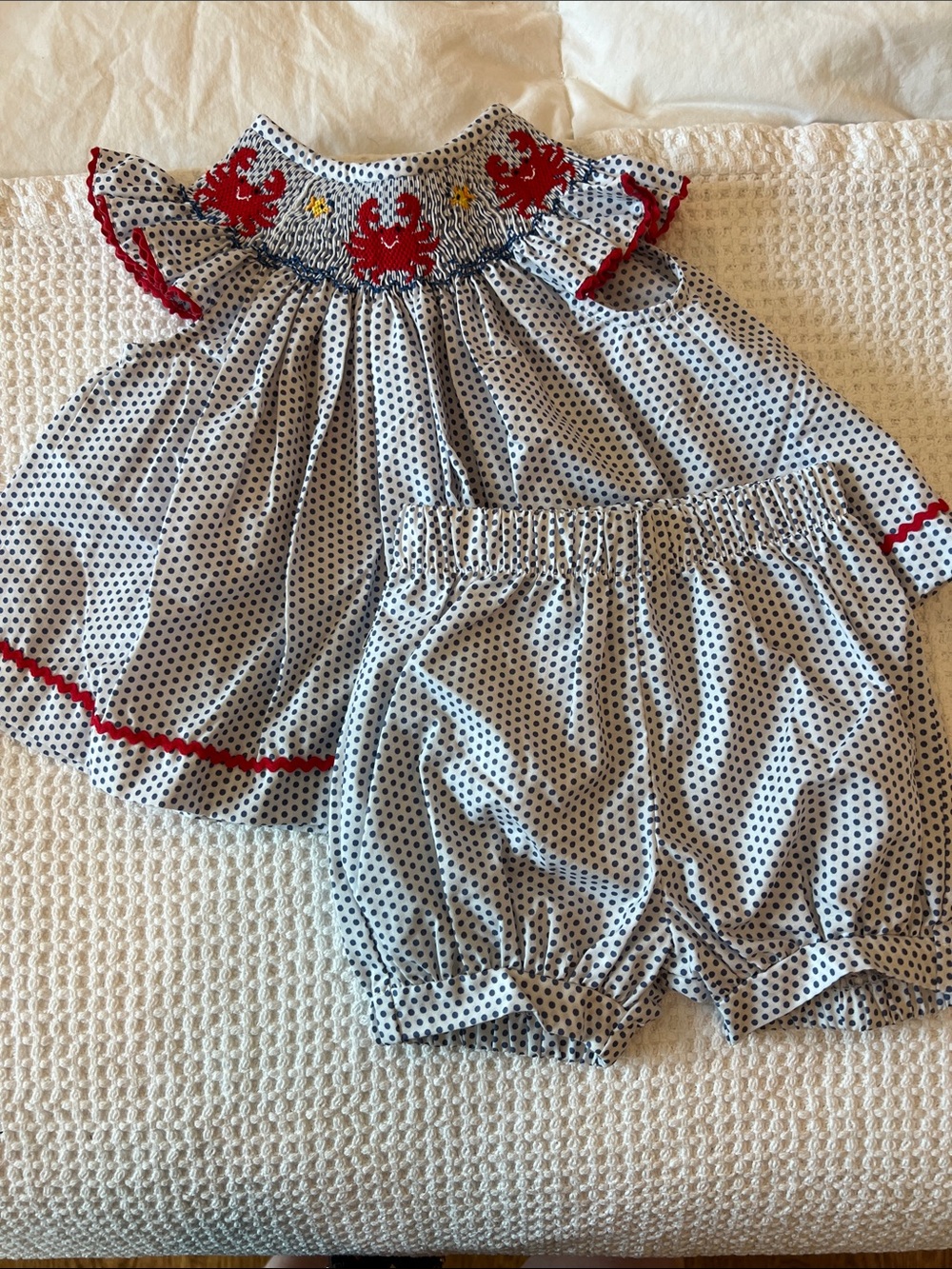 Smocked Polka Dot Top & Bloomers Set with Red Trim
